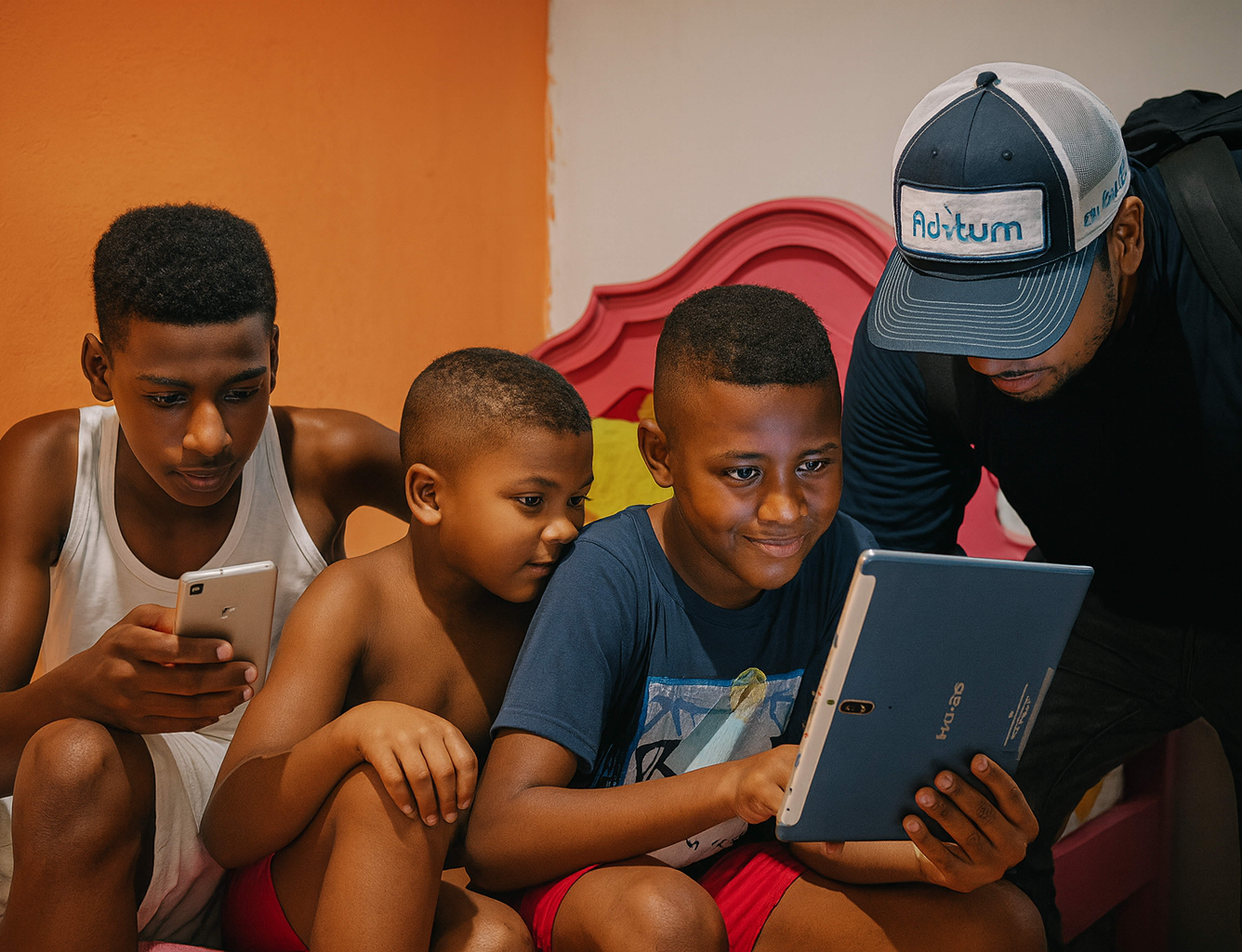 Estudiantes en zona rural de Colombia usando laptops conectados a internet de alta velocidad Aditum, mostrando educación digital, conectividad rural y transformación social